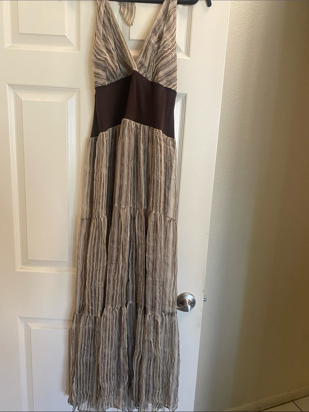jonathan martin Brown and Cream Striped Halter Maxi Dress